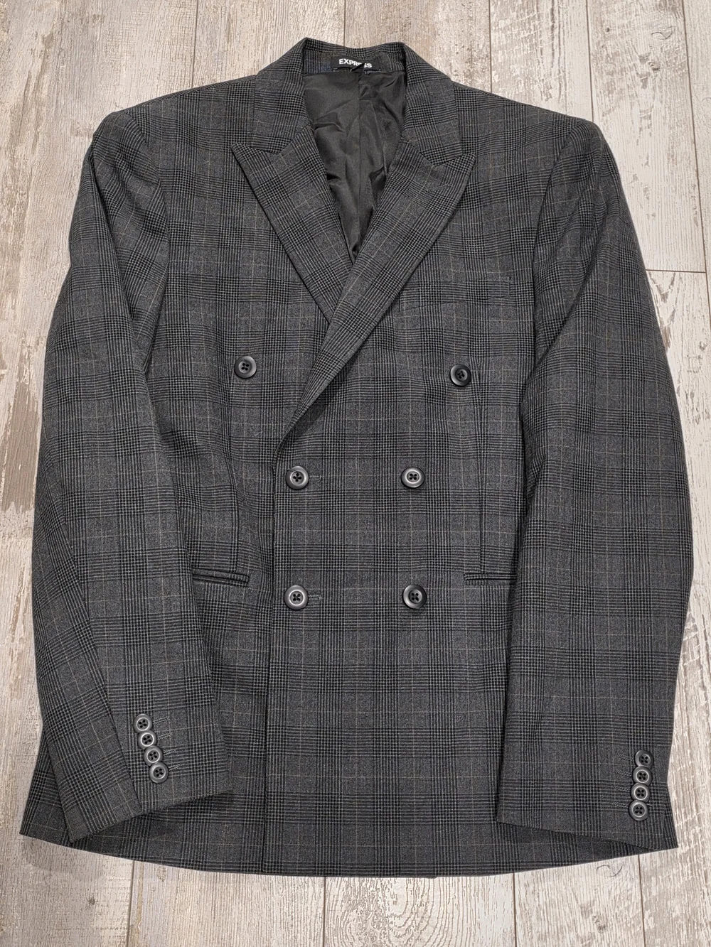 38S Men's Express Double Breasted Blazer Extra Slim Gray Tartan Plaid Sport Coat